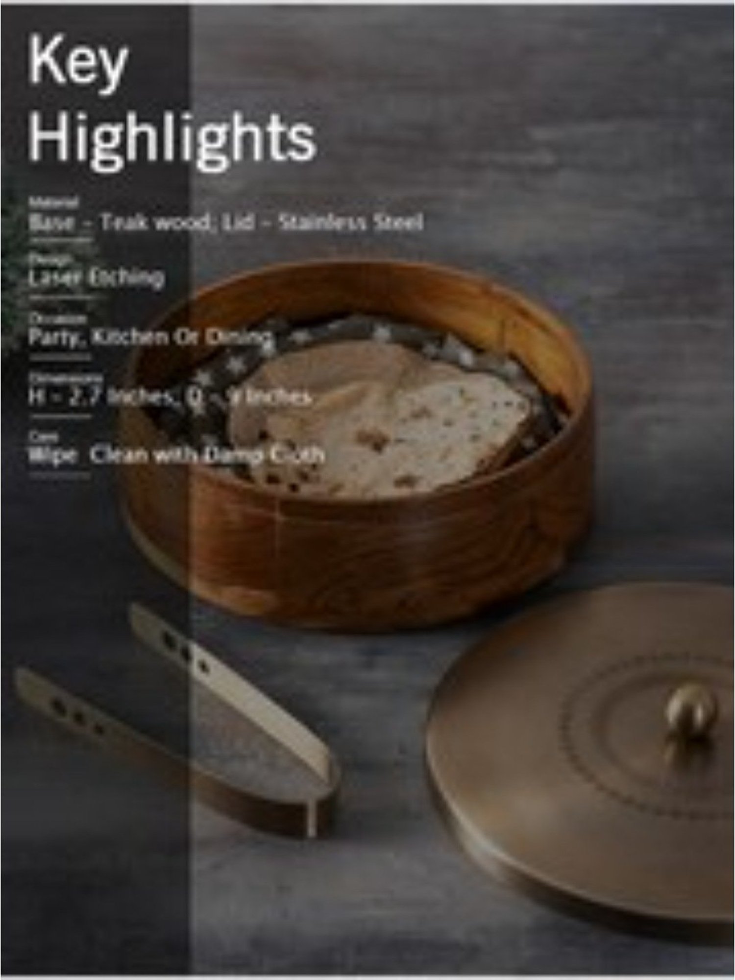 Nestroots Wooden Casserole Box Chapati Box Food Warmer Hotcases Hotpot Roti Box with Gold Lid & Tong