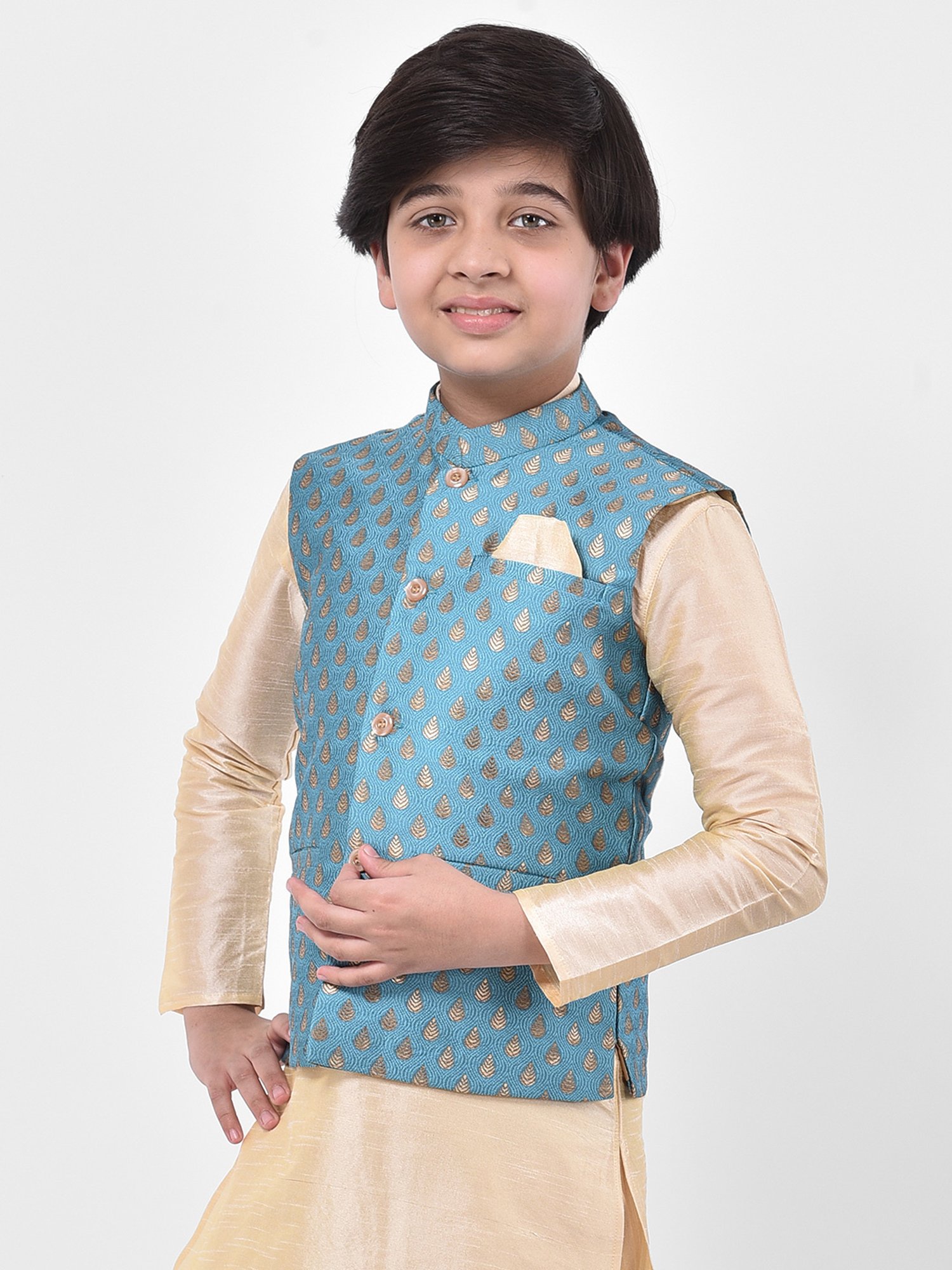 Deyann Kids Blue Embroidered Nehru Jacket
