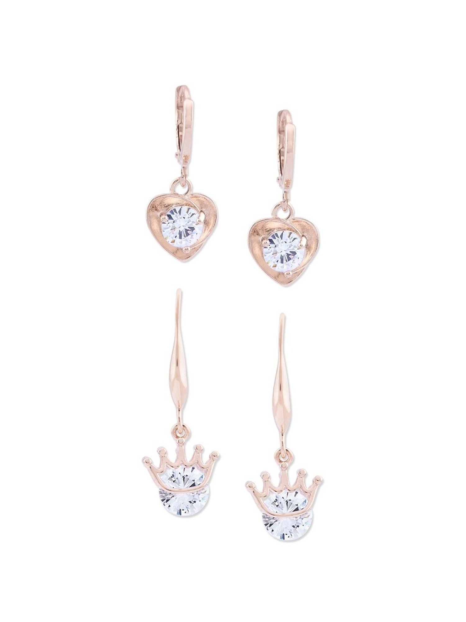 Zaveri Pearls Set of 2 Rose Gold Contemporary Cubic Zirconia Heart & Crown Drop Earrings - ZPFK13352