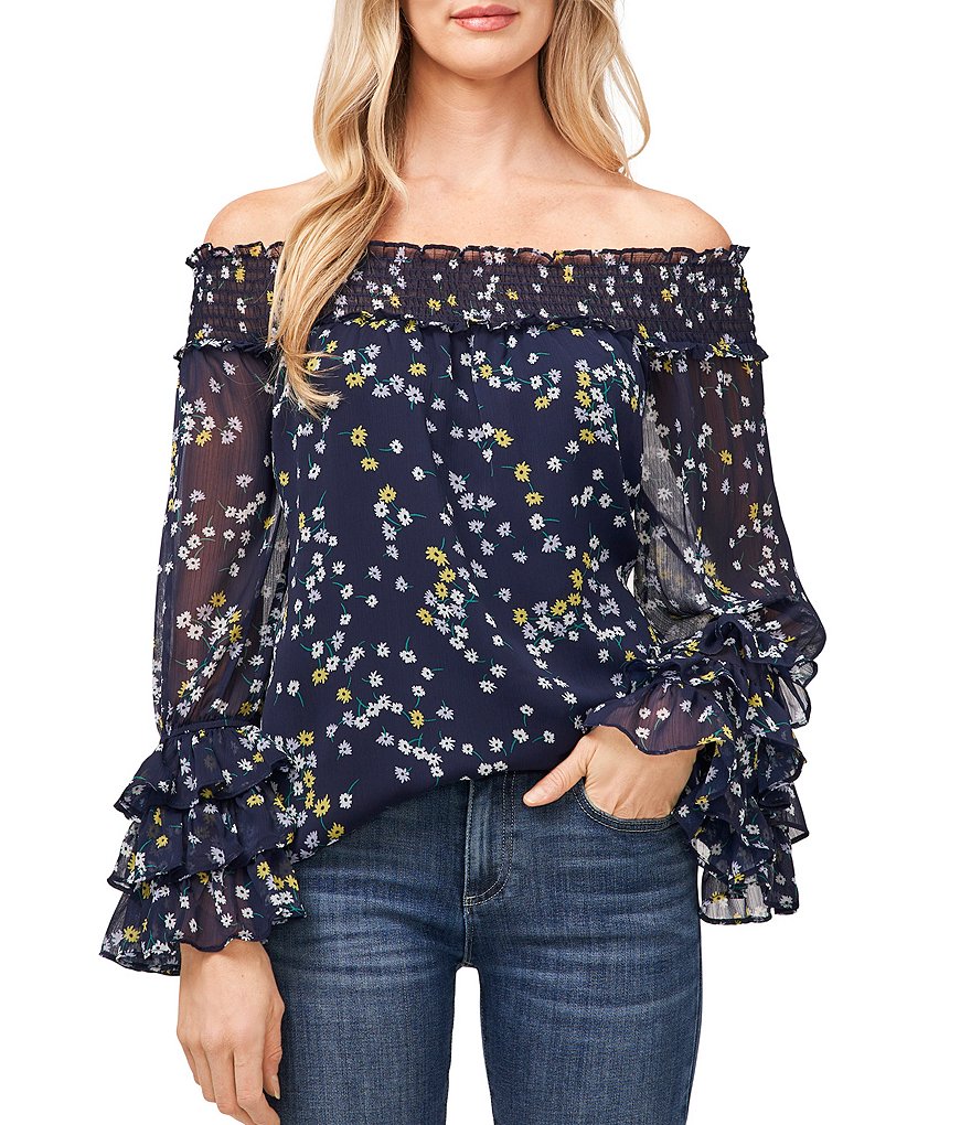 CeCe Smocked Off-the-Shoulder Long Ruffle Sleeve Scattered Floral Blouse