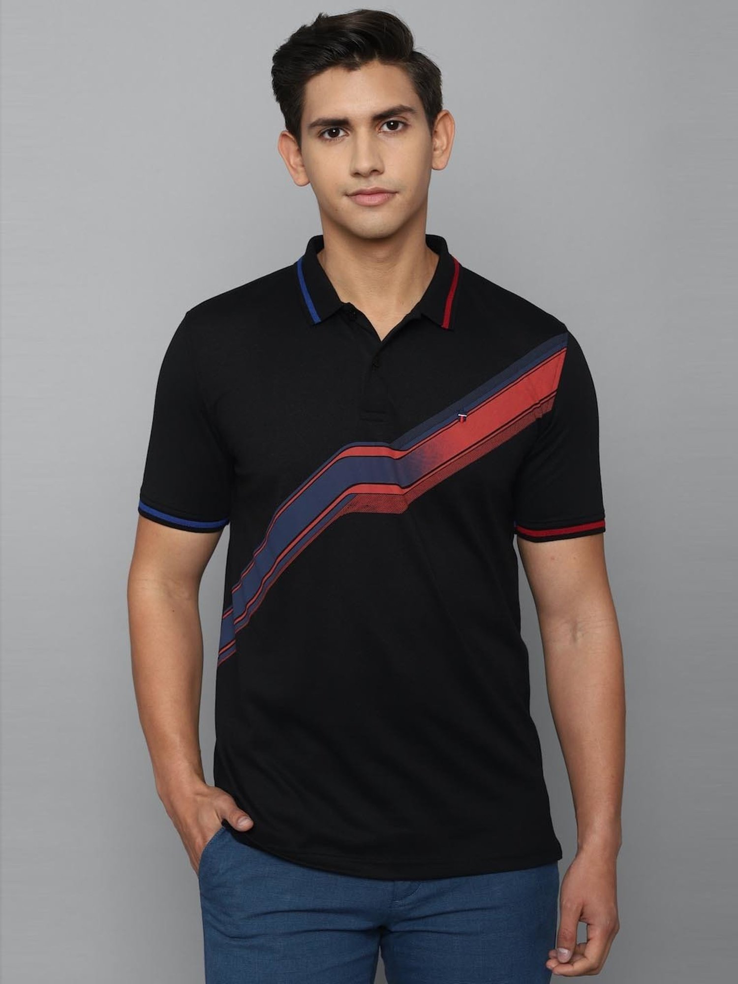 Louis Philippe Sport Black Cotton Slim Fit Printed Polo T-Shirt