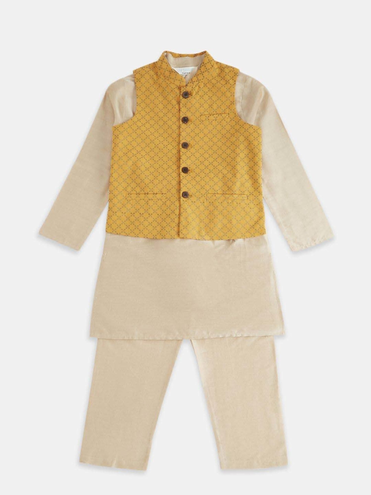 Indus Route by Pantaloons Kids Mustard & Beige Printed Full Sleeves Kurta Set