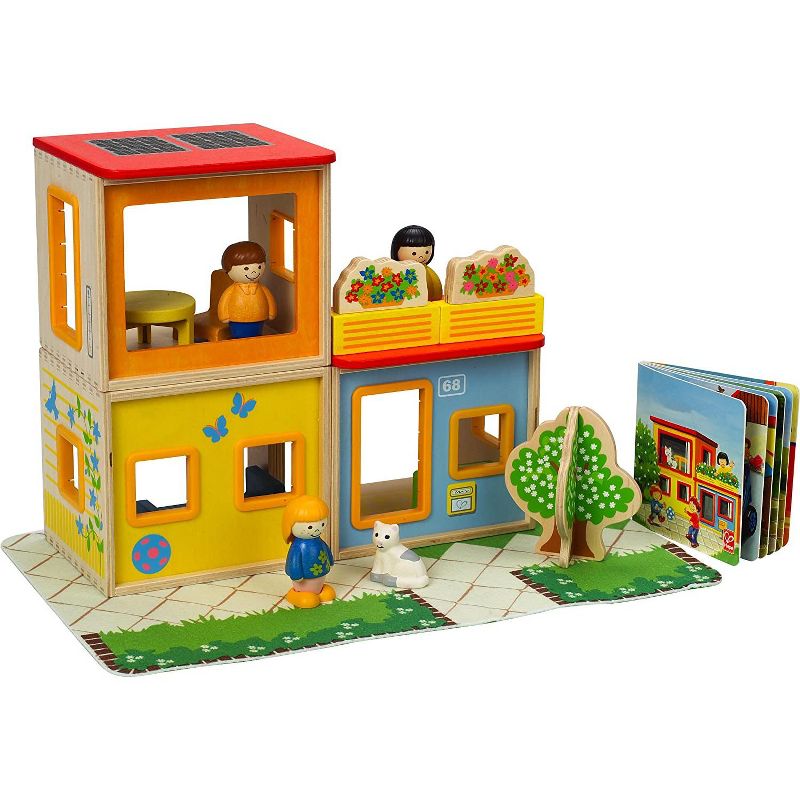 Hape Kids Happy Family Stackable Wooden City Dollhouse w/ 3 Figures and Play Mat