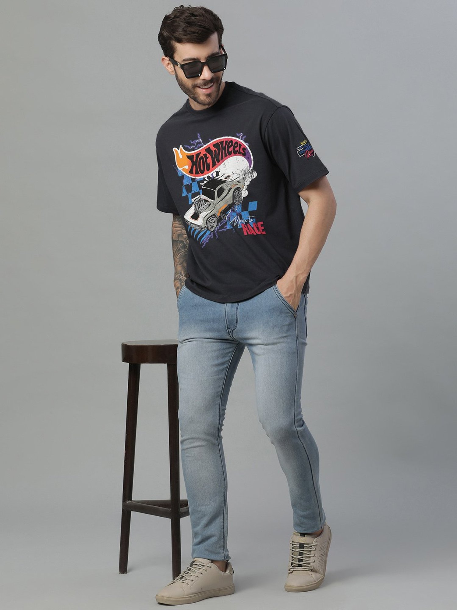 Free Authority Grey Loose Fit Printed T-Shirt