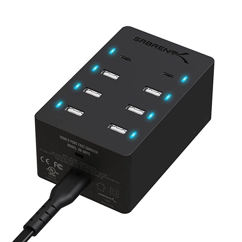 100 Watt 8Port FamilySized USB Rapid Charger UL Certified Includes 2 PD Power Delivery Ports AXADPD