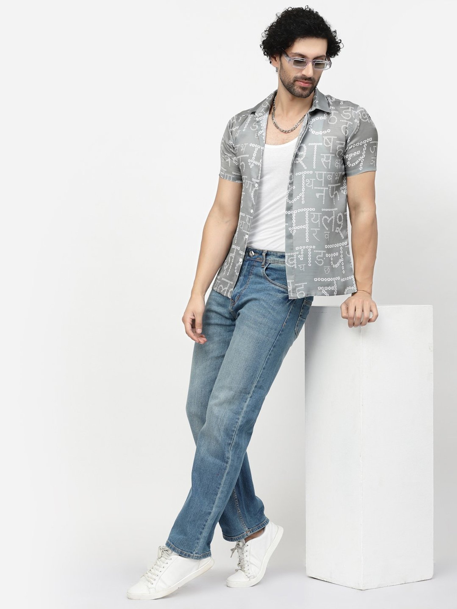 Lela Light Grey Regular Fit Printed Shirt