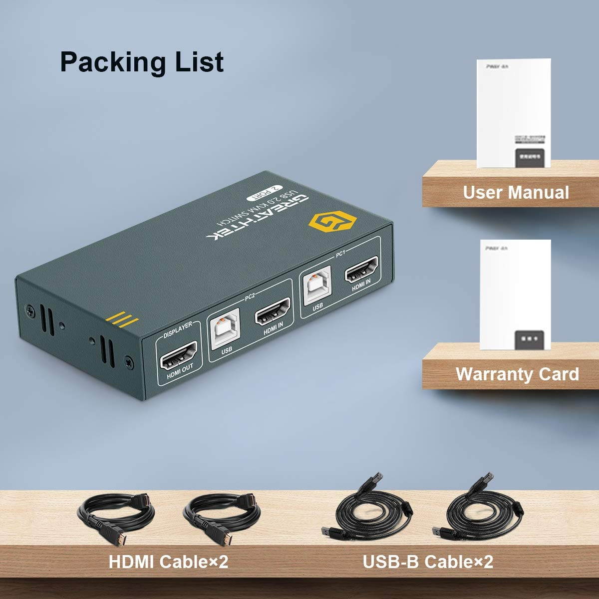 GREATHTEK HDMI KVM Switch USB 2 Port 4K USB2.0 4K @30Hz KVM Switch 2 PC 1 Monitor Ultra HD with 2 USB and 2 HDMI Cables Support Wireless Keyboard and Mouse