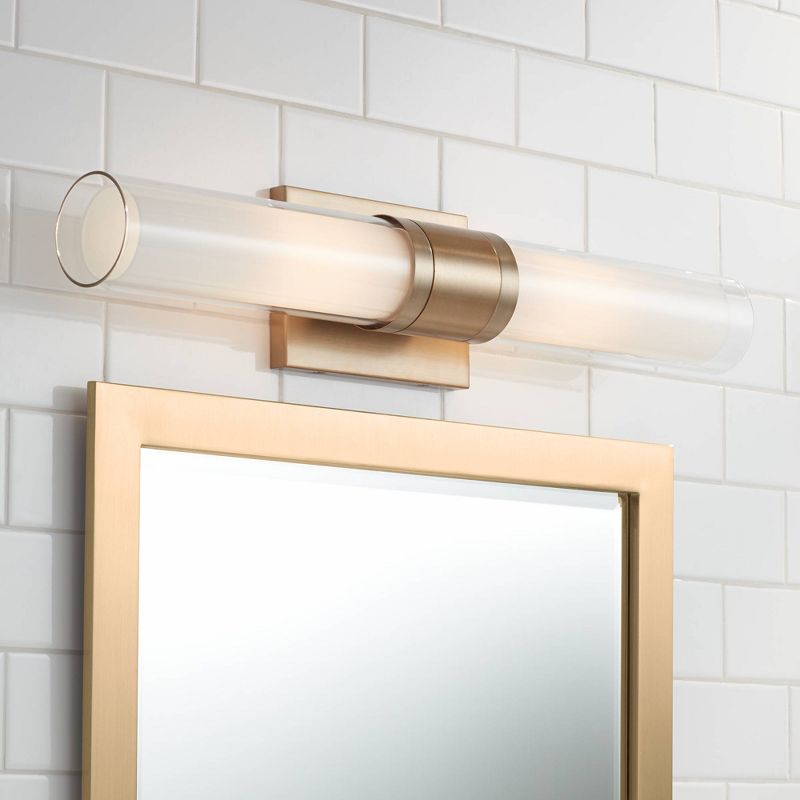 Possini Euro Design Modern Wall Light Brass Hardwired 23 1/2" Wide Light Bar Fixture Double Glass Tube for Bathroom Vanity Mirror