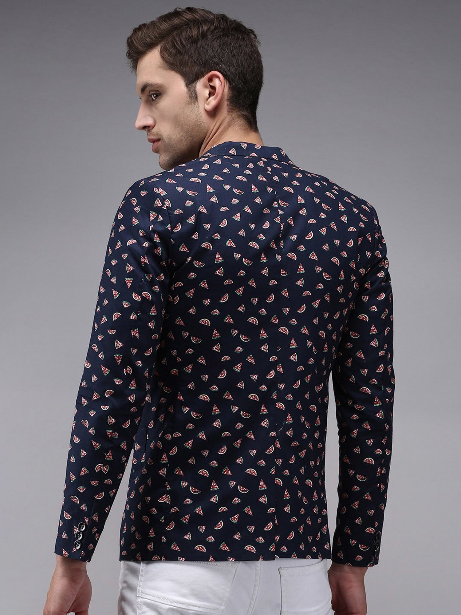 Showoff Navy Blue Cotton Regular Fit Printed Blazer