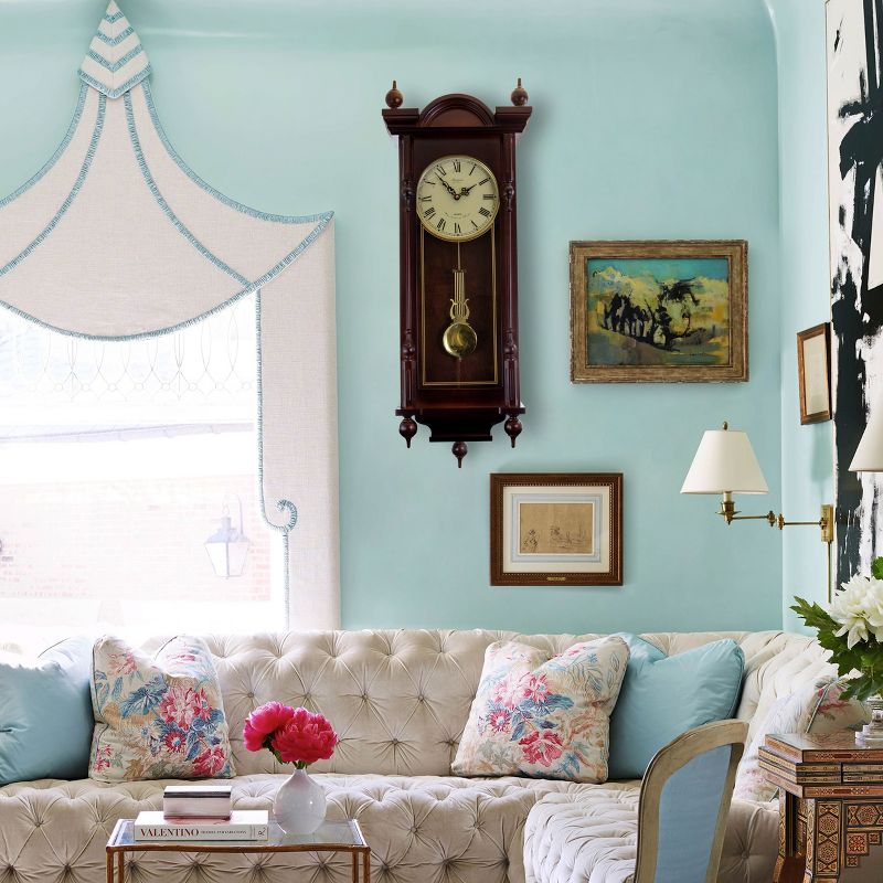 Bedford Clock Collection Grand 31 Inch Chiming Pendulum Wall Clock in Antique Mahogany Cherry Finish