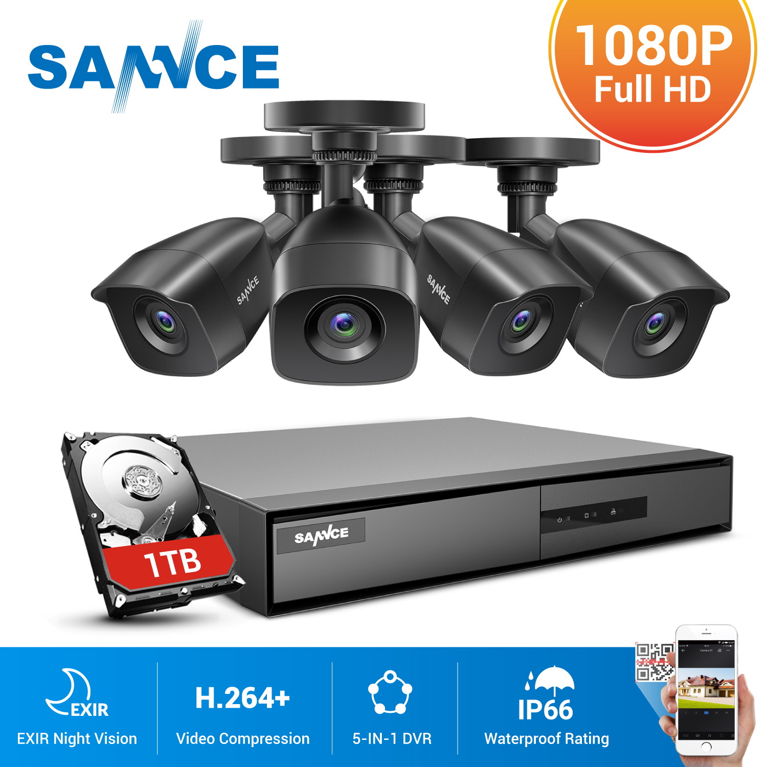 SANNCE 1080p 4CH  5-in-1 CCTV Security Camera System with 1TB and 4X Waterproof Wired Surveillance Cameras