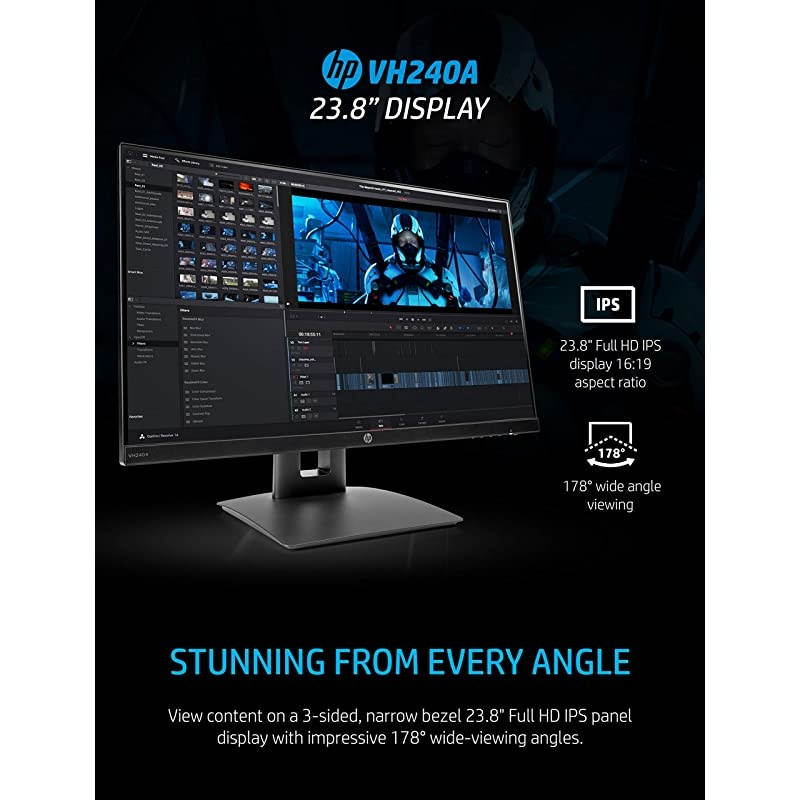VH240a 23.8-Inch Full HD 1080p IPS LED Monitor with Built-In Speakers and VESA Mounting, Rotating Portrait & Landscape, Tilt, and HDMI & VGA Ports (1KL30AA) - Black
