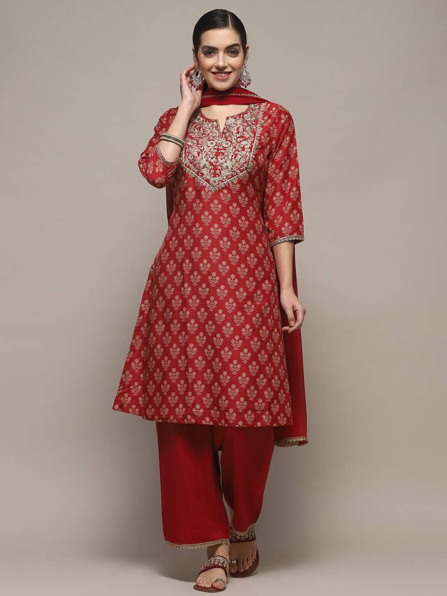 Biba Red Printed Kurta Palazzo Set With Dupatta