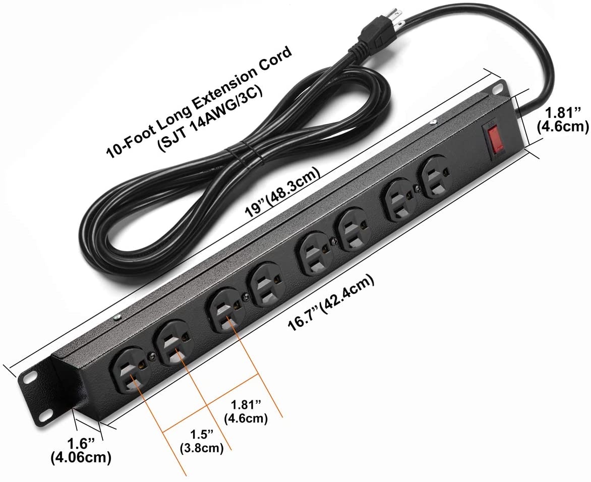 BESTTEN 1U Rack Mount PDU Power Strip, 8-Outlet Metal Surge Protector with 10-Foot Cord and Circuit Breaker, 15A/125V, UL Listed, Black