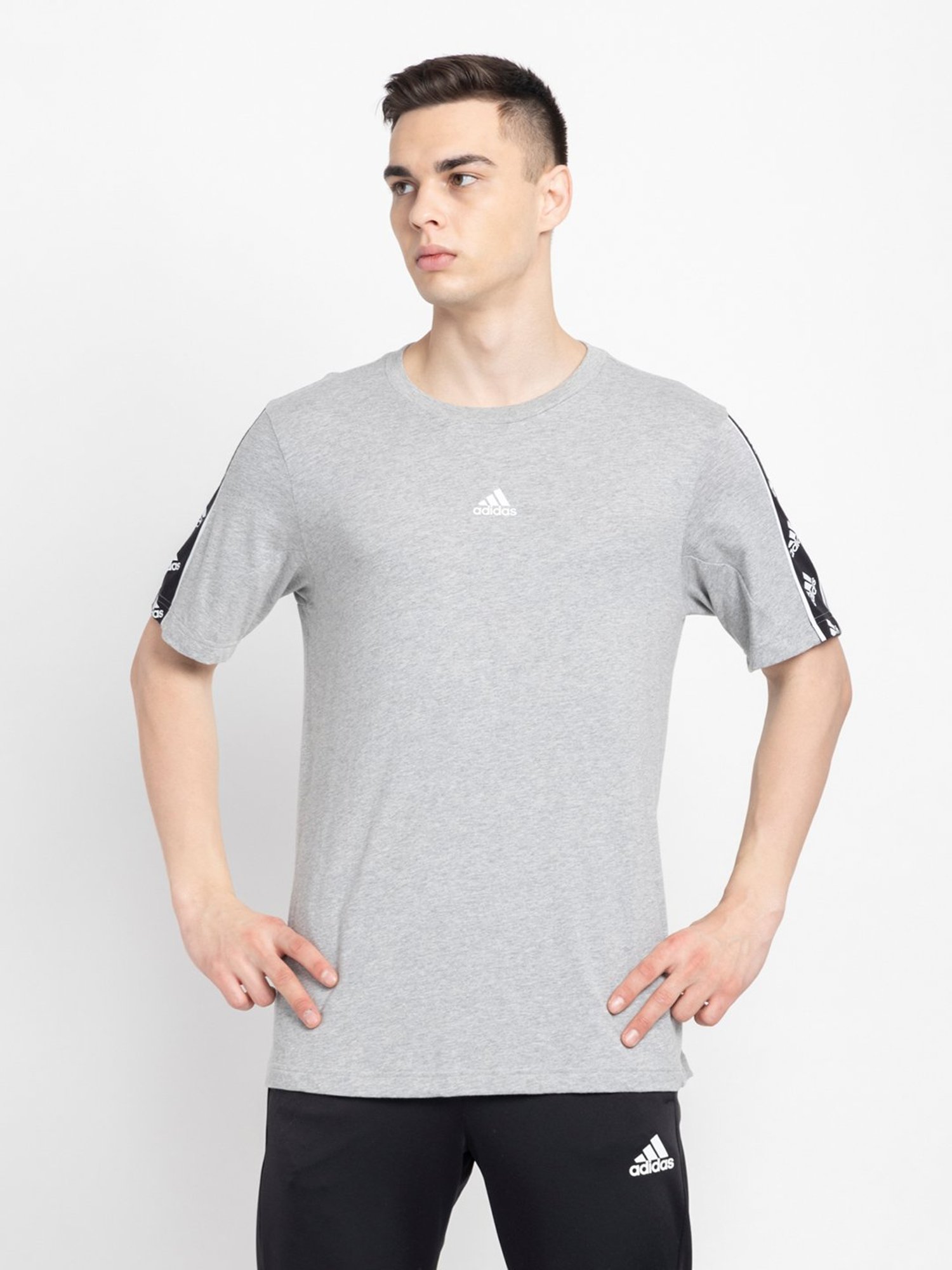 adidas Grey Melange Regular Fit Logo Print Cotton Sports T-Shirt