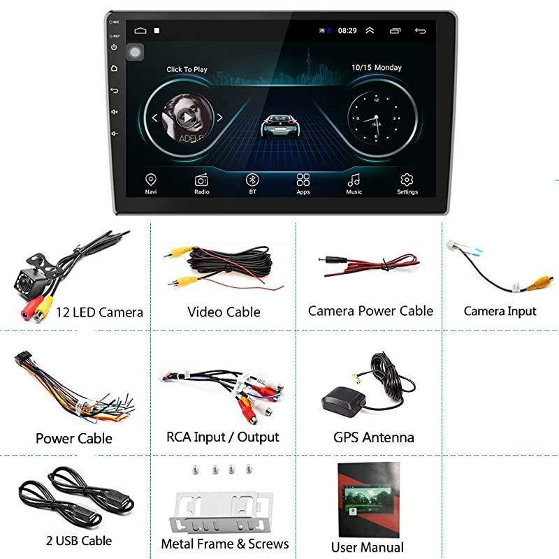 101 Inch Android Car Stereo with GPS Double Din Car Radio Bluetooth FM Radio Receiver Support WiFi Connect Mirror Link for AndroidiOS Phone + Dual USB Input amp 12 LEDs Backup Camera