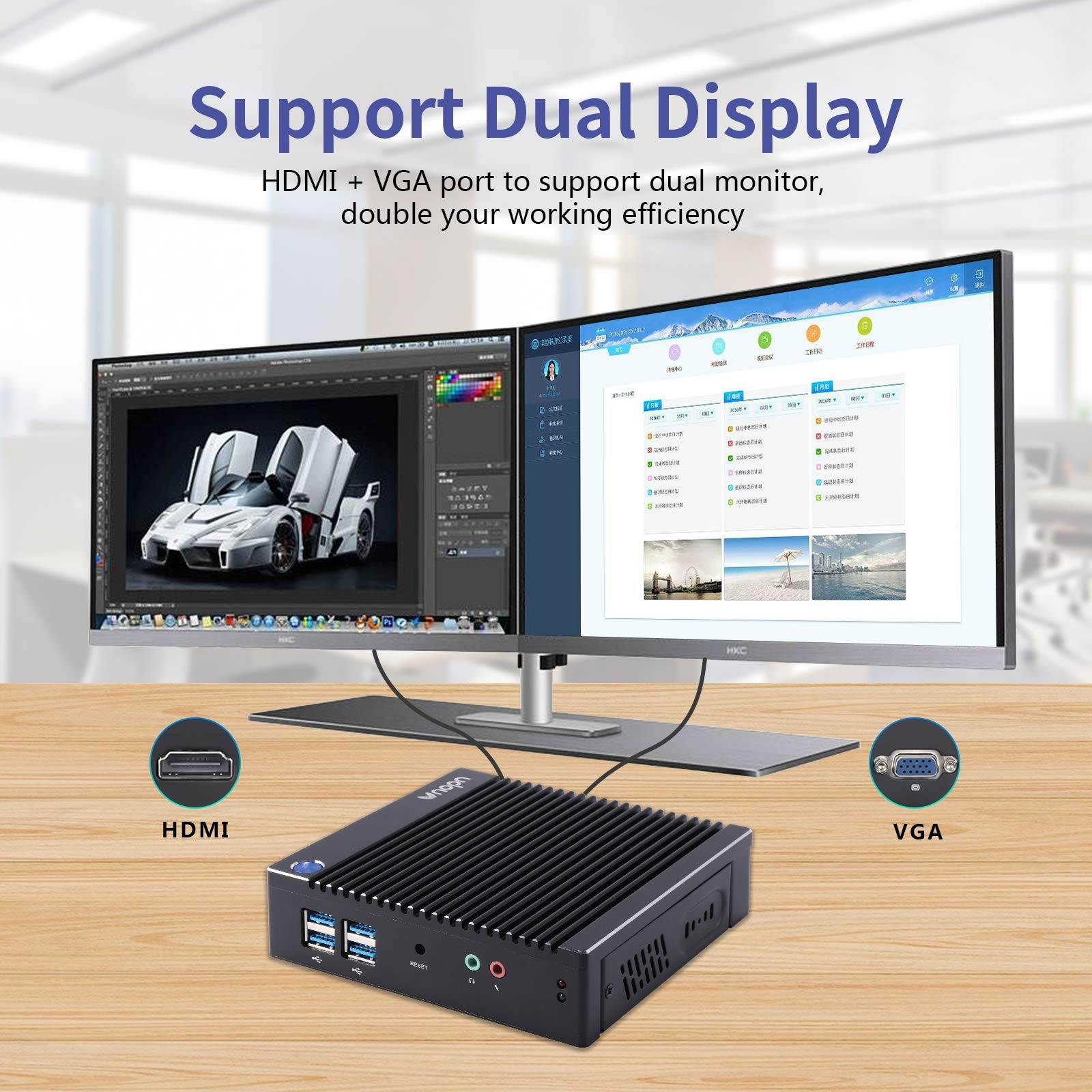 Vnopn Fanless Mini PC Windows 10 Pro, Small Computer Intel N3710 Quad Core, up to 2.56GHz, Micro Desktop PC 4K HD with 4GB RAM 64GB SSD, 2.4G+5G WiFi/4.0 BT/Dual Display/1000M LAN, Auto Power On/WOL