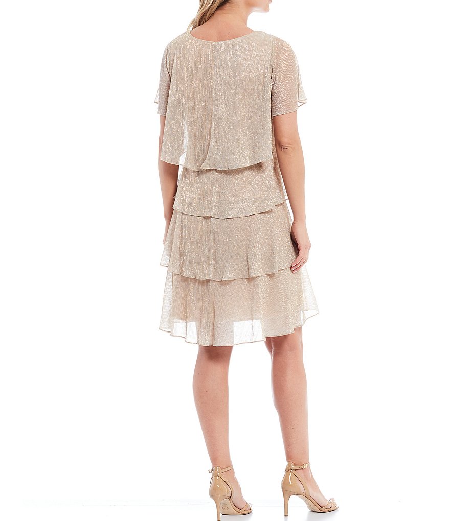 Ignite Evenings Shimmer Tiered Ruffle Scoop Neck Short Flutter Sleeve Dress
