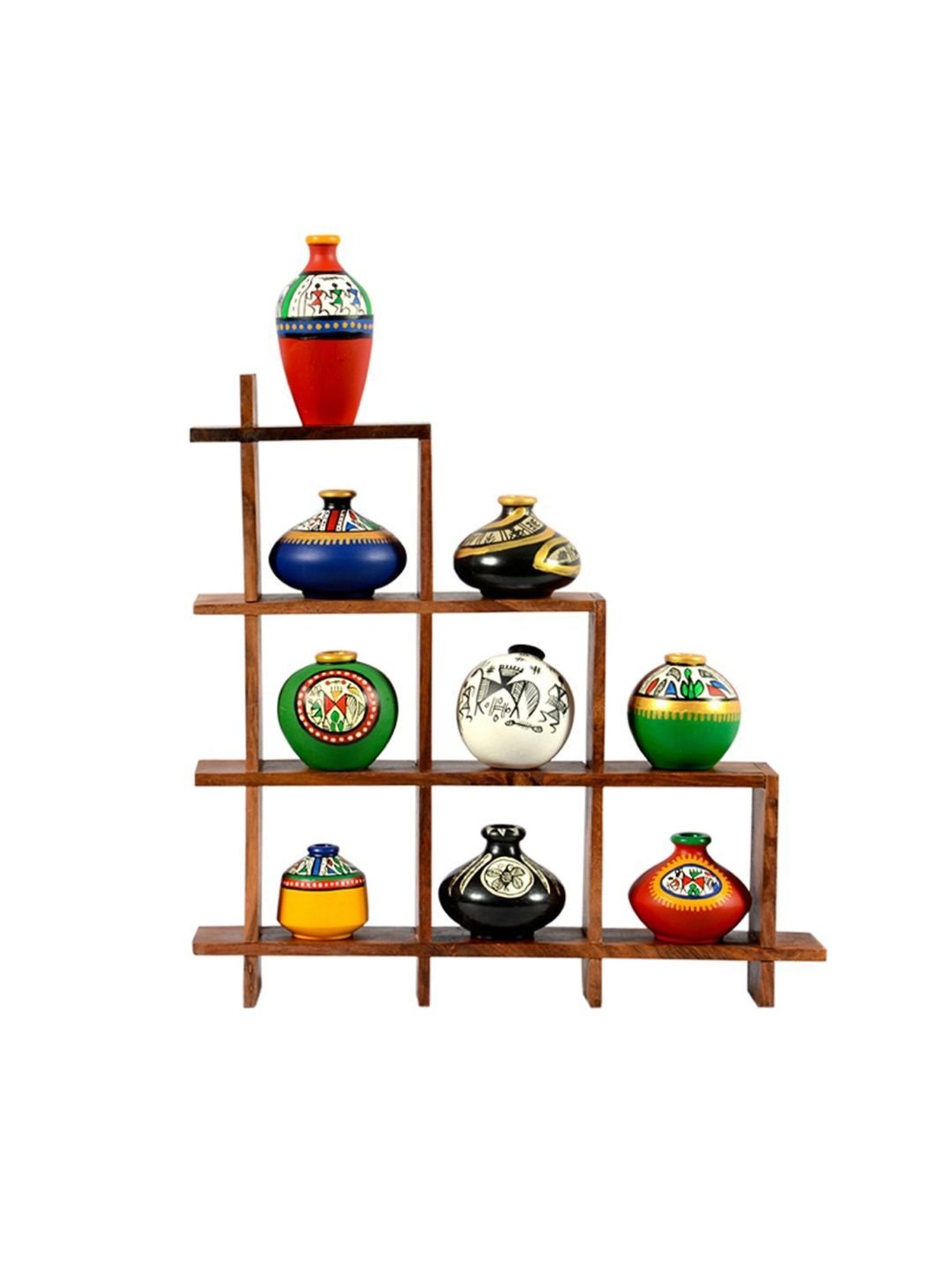 ExclusiveLane 9 Terracotta Warli Handpainted Pots With Sheesham Wooden Frame Wall Hanging