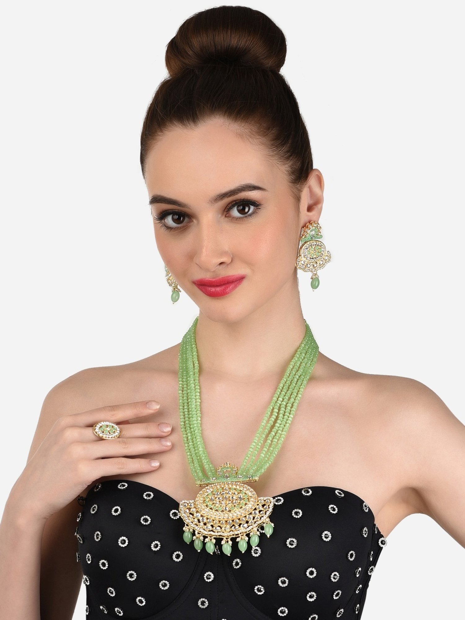 Zaveri Pearls Green Crystals Beaded Multistrand Kundan Necklace, Earring & Ring Set