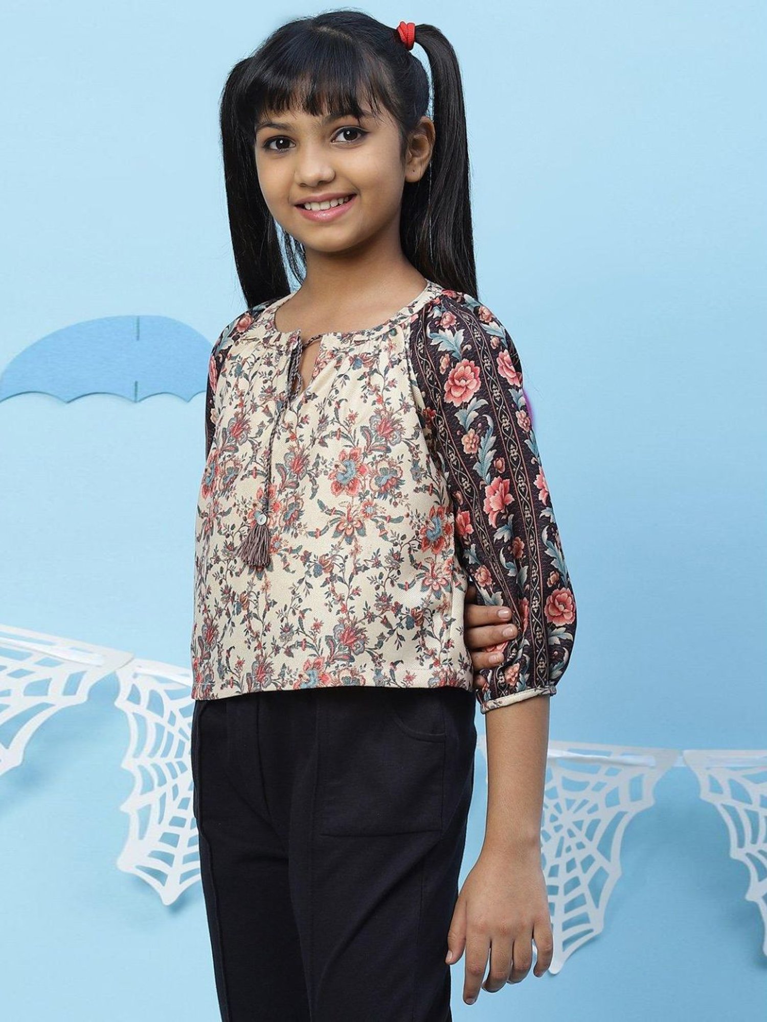 BIBA Girls Ecru Cotton Floral Print Top