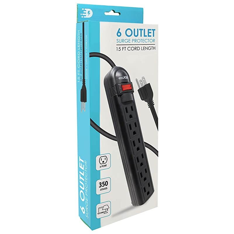 6Outlet Surge Protector Power Strip with 15Ft Long Extension Cord Black ETL ListedUL Standard