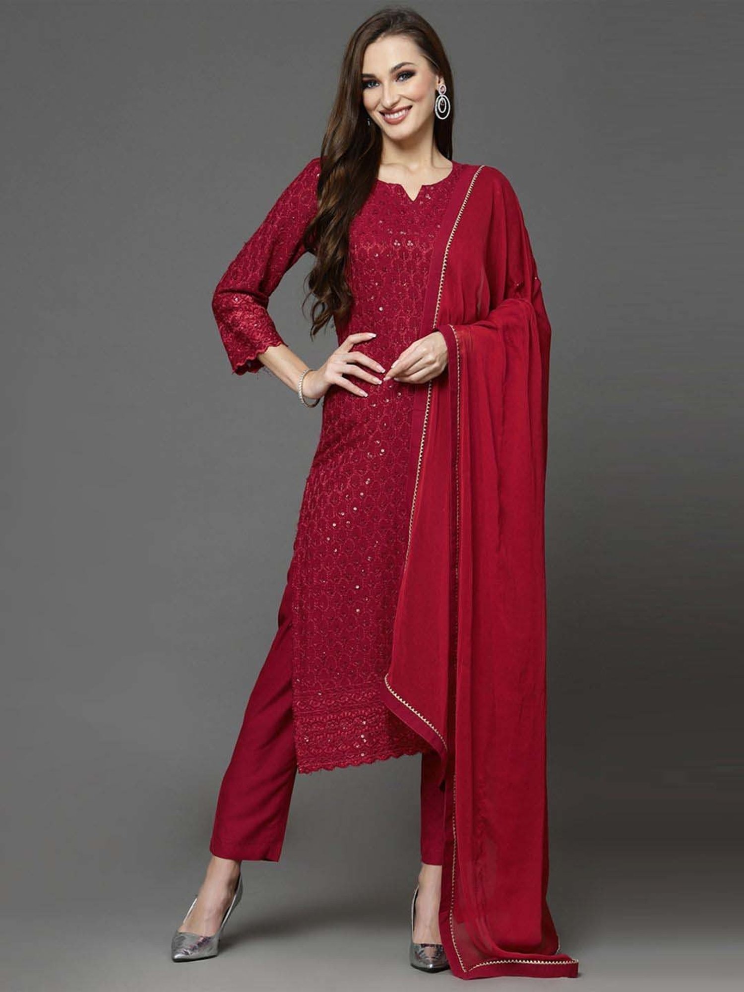 Skylee Maroon Embroidered Kurta Pant Set With Dupatta