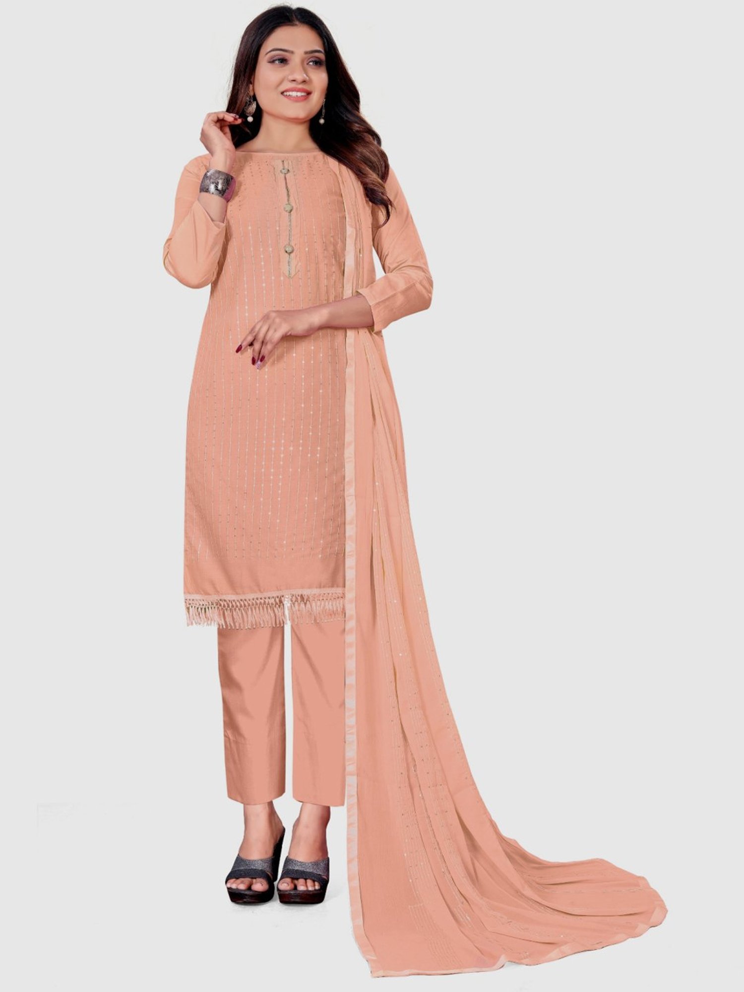 APNISHA Peach Cotton Embroidered Unstitched Dress Material