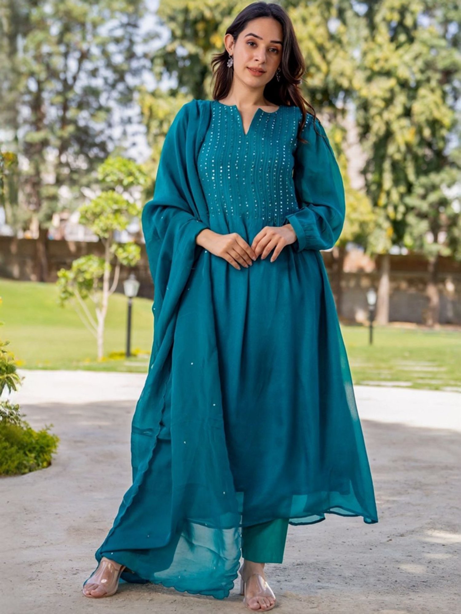 HOUSE OF JAMOTI Blue Embellished Kurta Pant Set With Dupatta