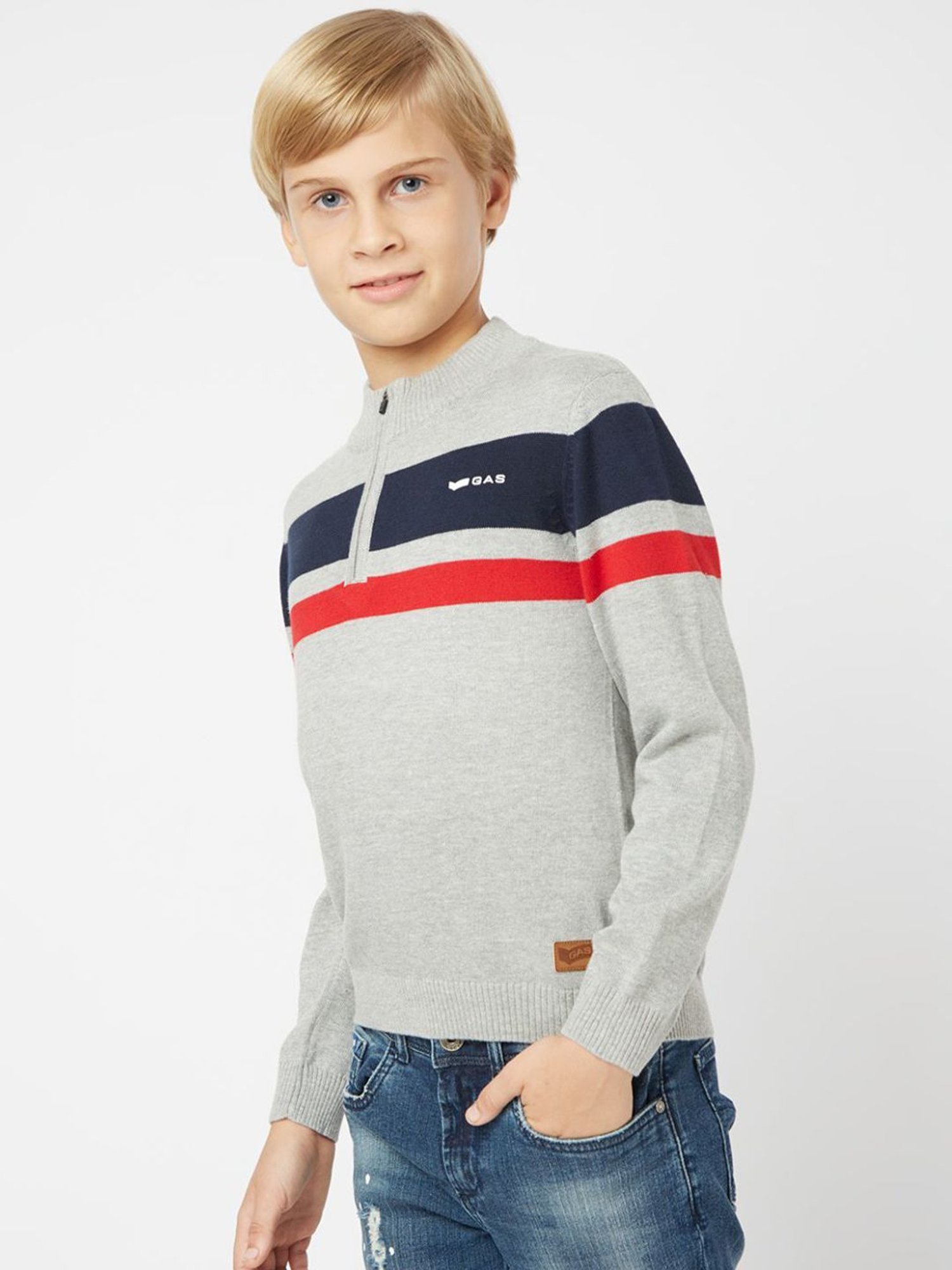 GAS Kids Grey & Navy Cotton Striped Full Sleeves Sweater
