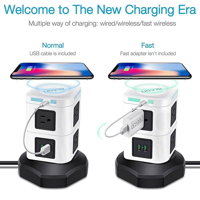 Power Strip Tower Wireless Charger  Surge Protector Electric Charging Station 3000W 13A 6 Outlet Plugs 4 USB Ports + 6ft Extension Cord
