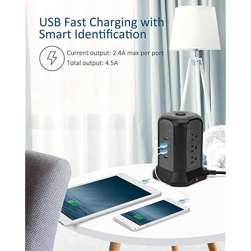 USB Power Strip Tower Surge Protector 10ft Extension Cord Desktop Charging Station 9 Outlets 4 USB 1080J Universal Voltage 110-240V Fire Proof Multiple Plug for PC Tablet Computer Office