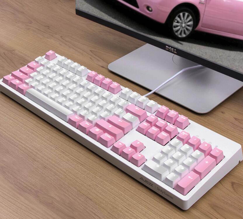 A-jazz AK535  N-key Rollover  Ergonomic Design,Cool Exterior USB Wired Cherry  MX Black Mechanical Gaming  Keyboard For Office And Game, White Backlit, PBT Keycaps  - Pink