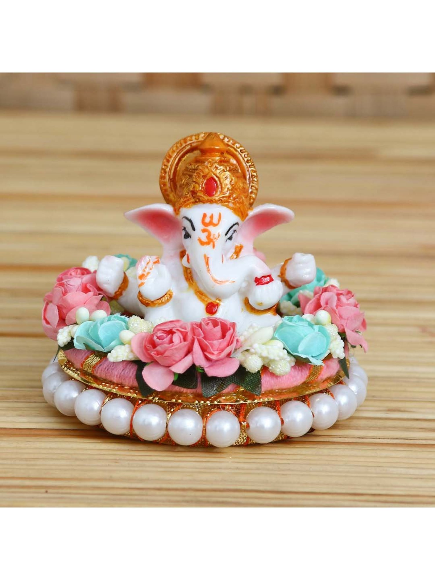 eCraftIndia Lord Ganesha Idol on Decorative Handcrafted Plate with Colorful Flowers