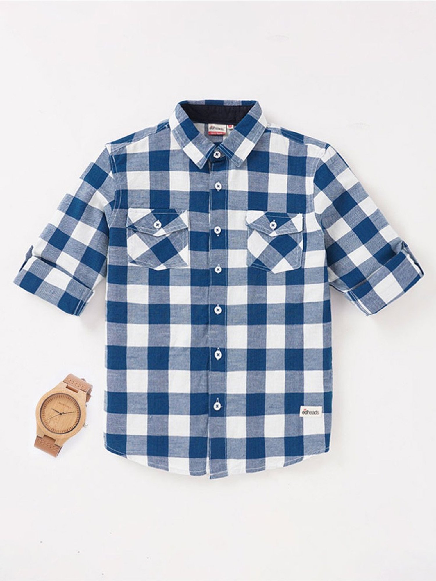 Edheads Kids Blue & White Cotton Chequered Full Sleeves Shirt