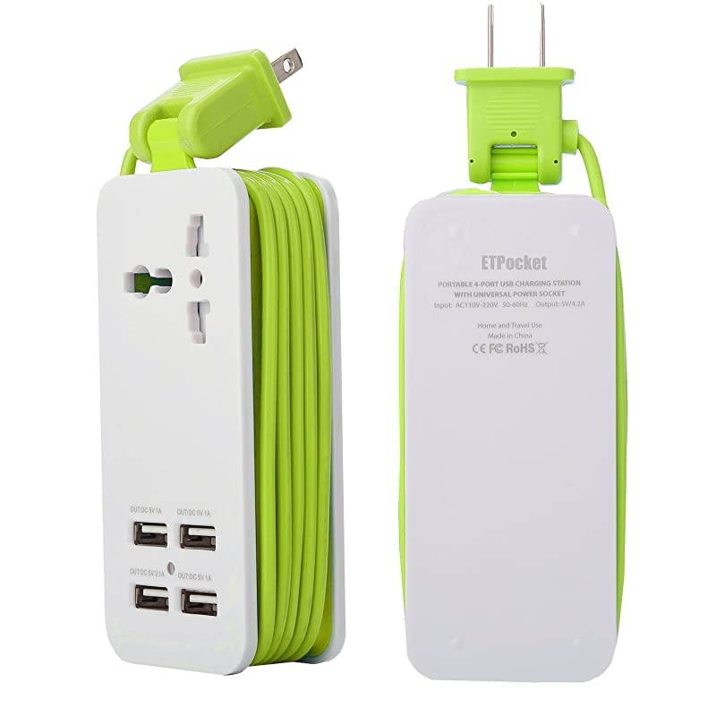 USB Power Strip, 4 Port USB Charger Station 5V 2.1A-1A 21W Travel Charging Strip Outlets 5ft Extension Power Supply Cord with Universal Flat Wall Plug 100V-240V Input USB Power Sockets (Green)