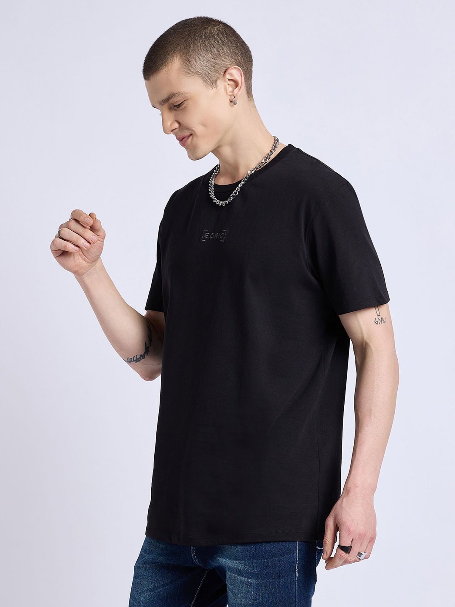 EDRIO Black Regular Fit Printed Crew T-Shirt