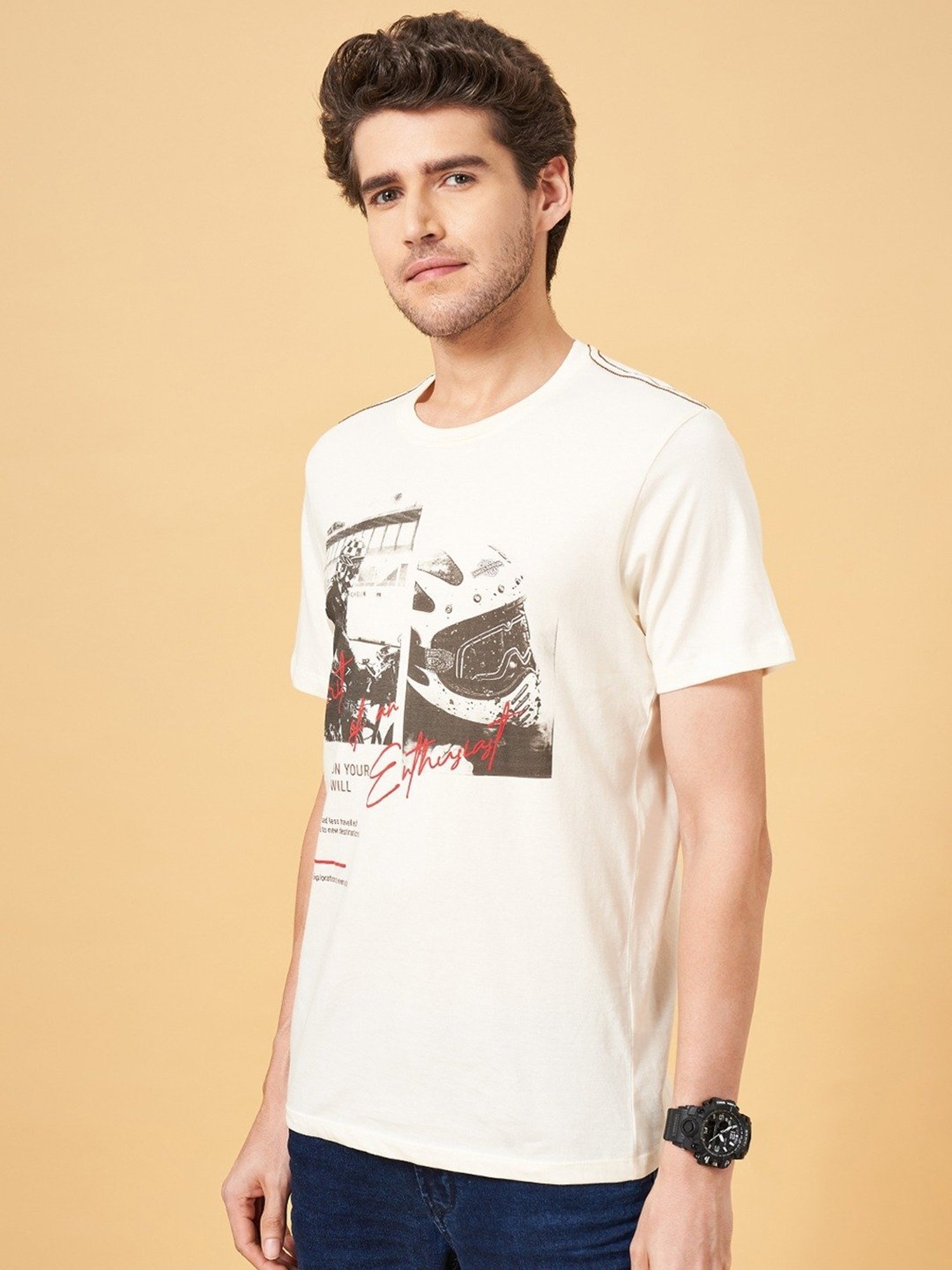 Sf Jeans By Pantaloons Off White Slim Fit Printed T-Shirt
