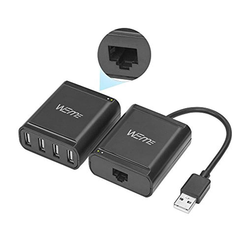 USB Extender, 4-Port USB 2.0 Ethernet Extender Hub Over Cat5/ Cat5e/ Cat6 Cable Connection up to 60Meters/196FT, RJ45 Lan Extension with Power Adapter for Logitech Webcam, Camera, Speakerphone