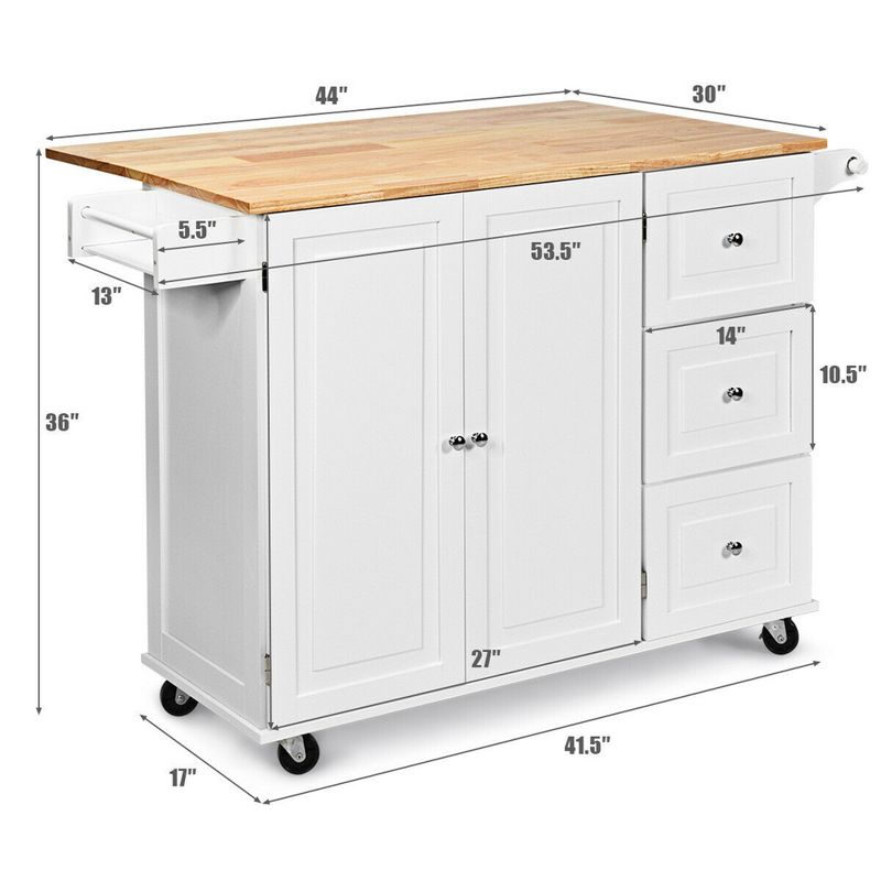 Costway Drop-Leaf Kitchen Island Trolley Cart Wood Storage Cabinet w/ Spice Rack White