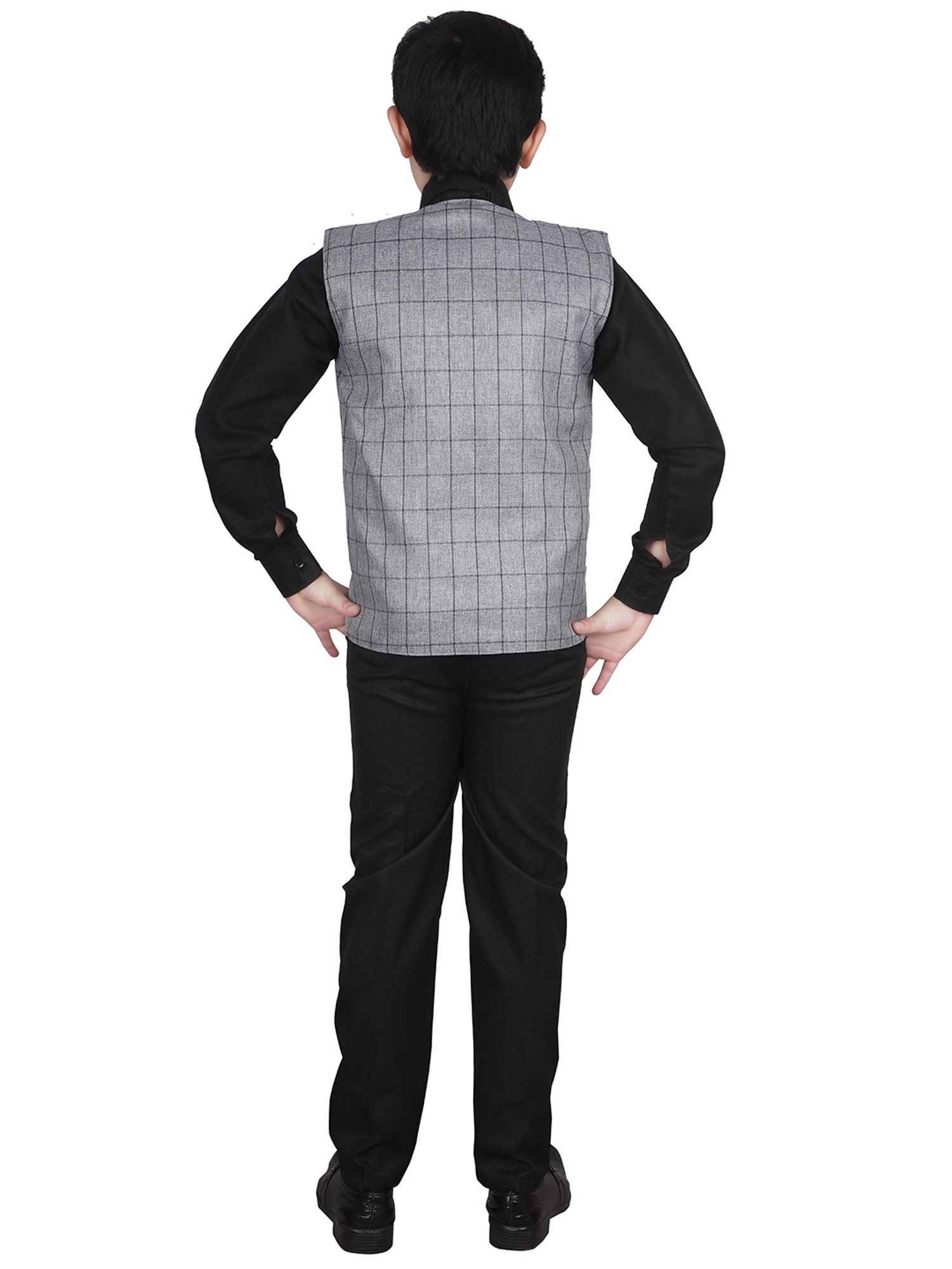 Pro-Ethic Style Developer Kids Grey & Black Checks Full Sleeves Shirt, Waistcoat, Pants with Tie