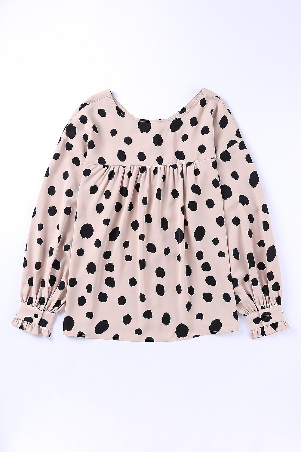 Pink Dot Print Button Frill Cuffs Casual Puff Sleeve Blouse