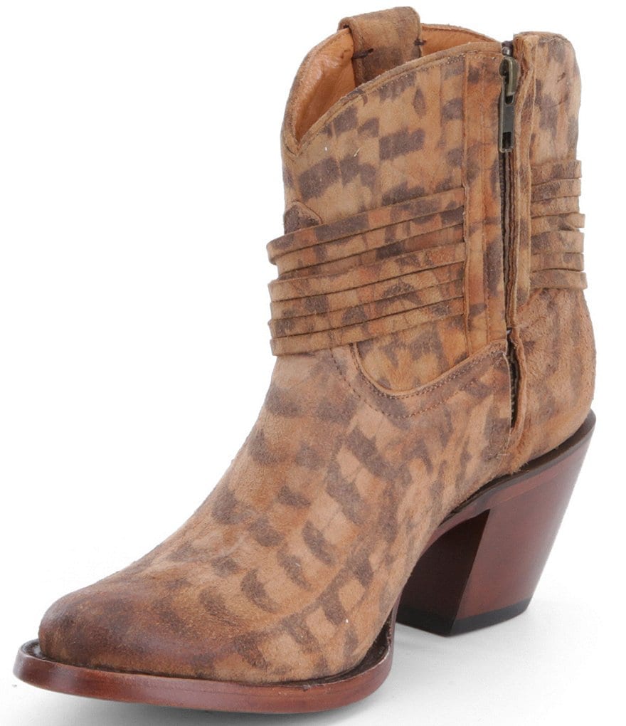 Lucchese Robyn Printed Suede Side Fringe Western Booties