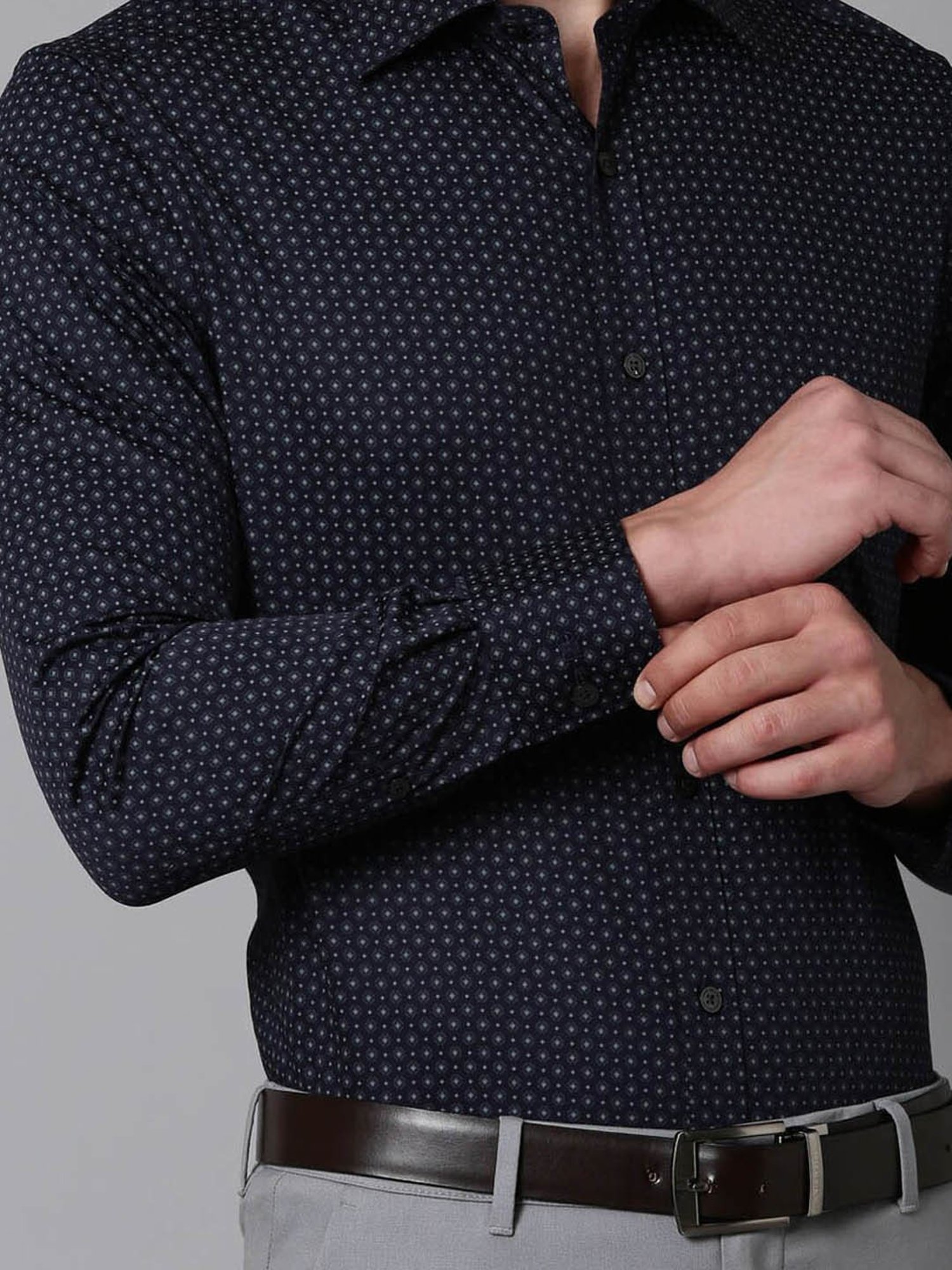 Luxure By Louis Philippe Navy Blue Cotton Regular Fit Printed Shirt