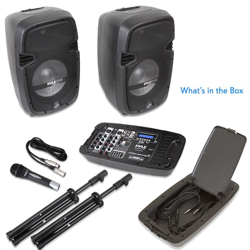 Pyle Stage and Studio 10 Inch Bluetooth PA Loud Speaker System with Built In LED Lights and DJ Mixer Bundle Kit