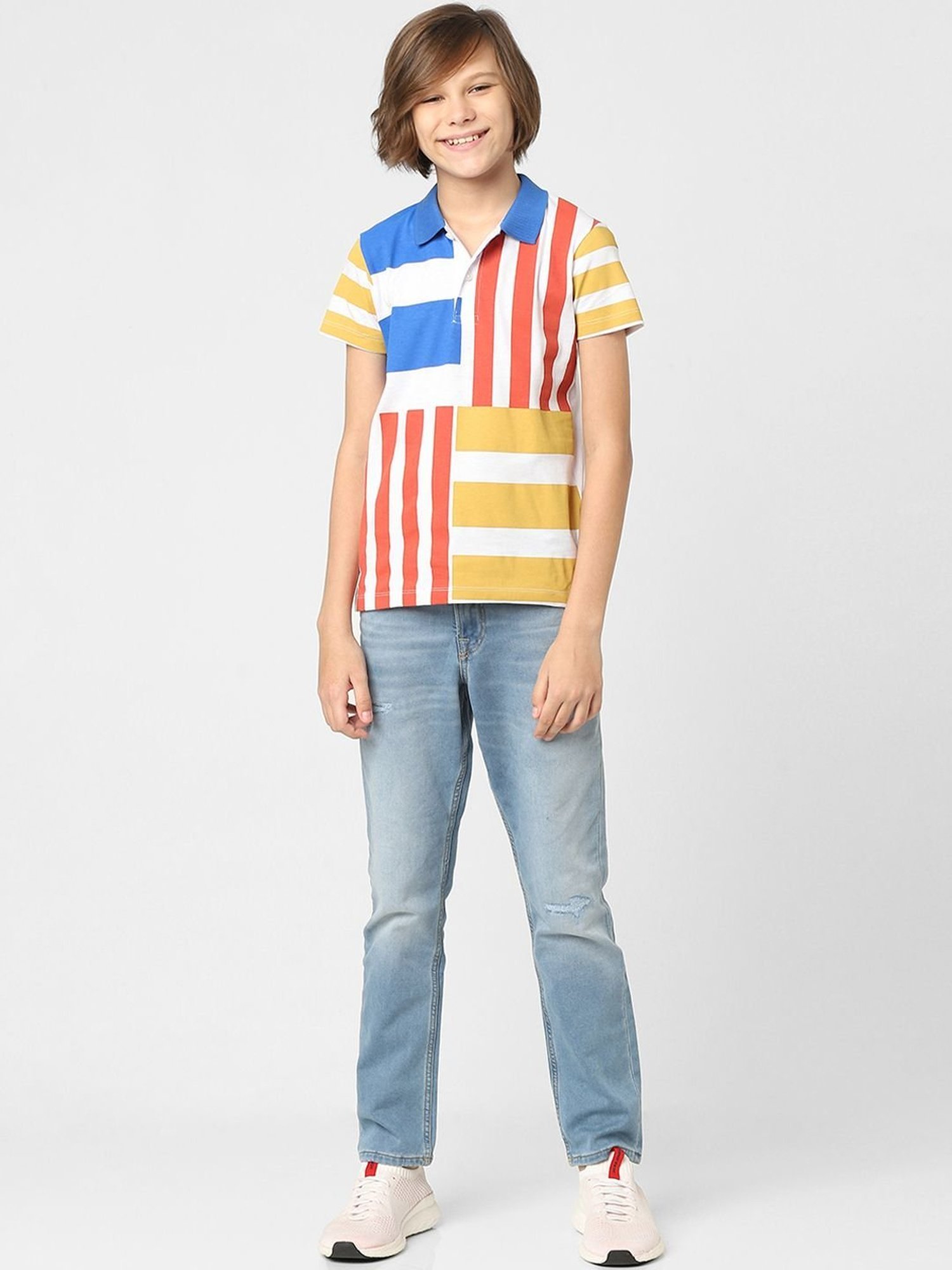 Jack & Jones Junior Boys Orange & Blue Cotton Striped Polo T-Shirt