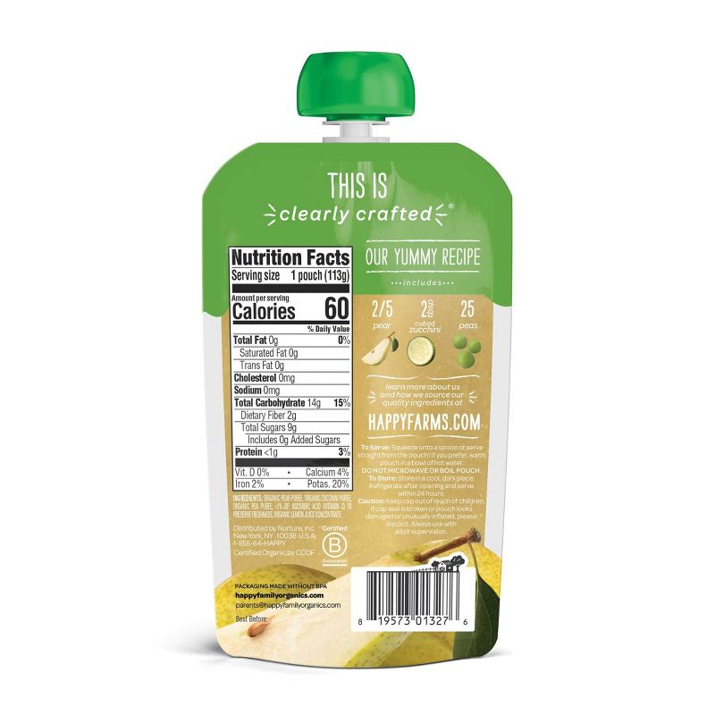 HappyBaby Clearly Crafted Pears Zucchini & Peas Baby Food - 4oz