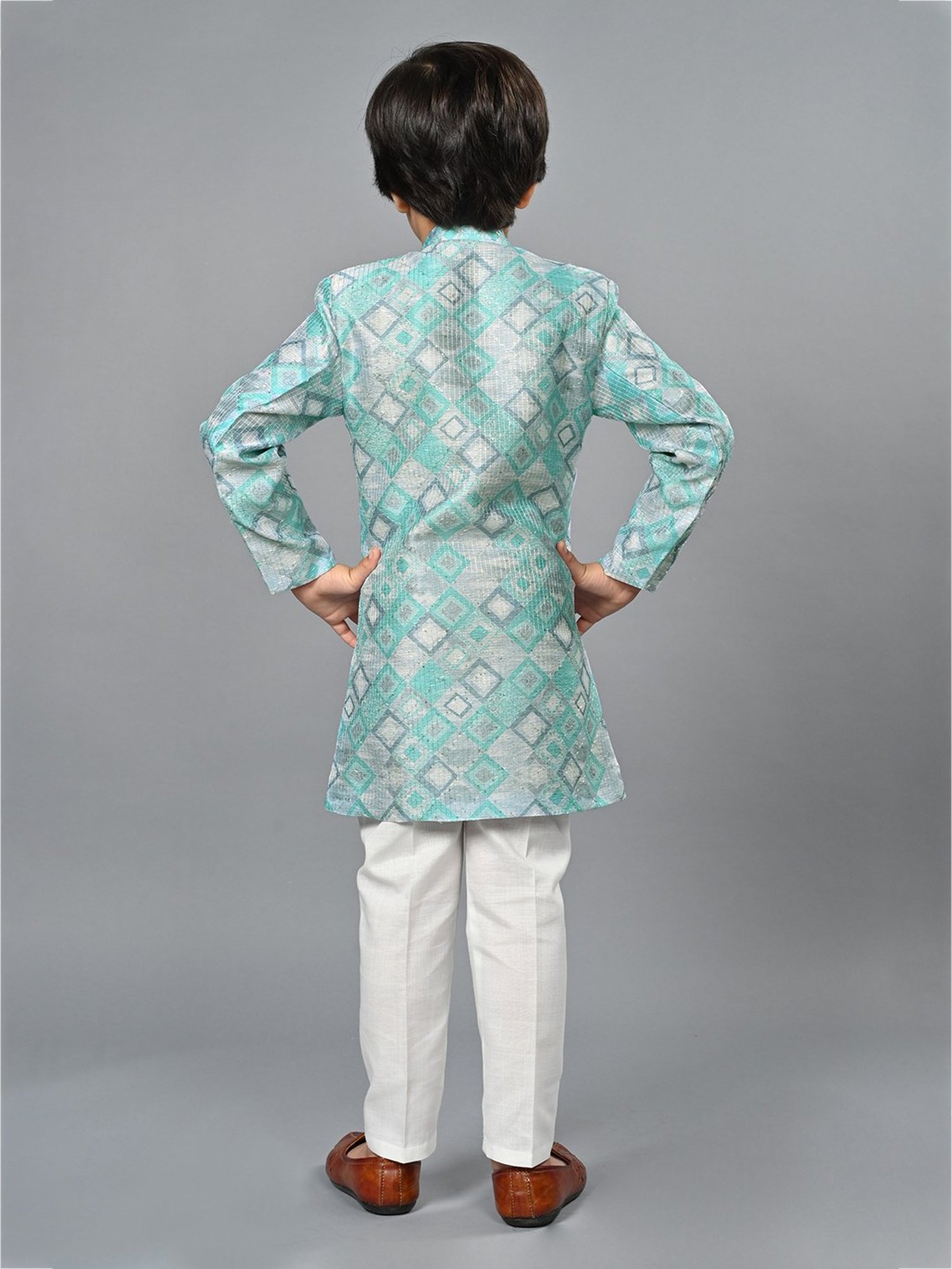 Ahhaaaa Kids Blue & White Embellished Full Sleeves Sherwani With Pyjamas