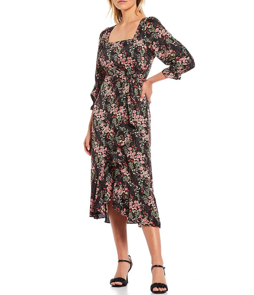 Skies Are Blue Floral Print Square Neck 3/4 Sleeve Front Knot Detail Flounce Hem Midi Dress