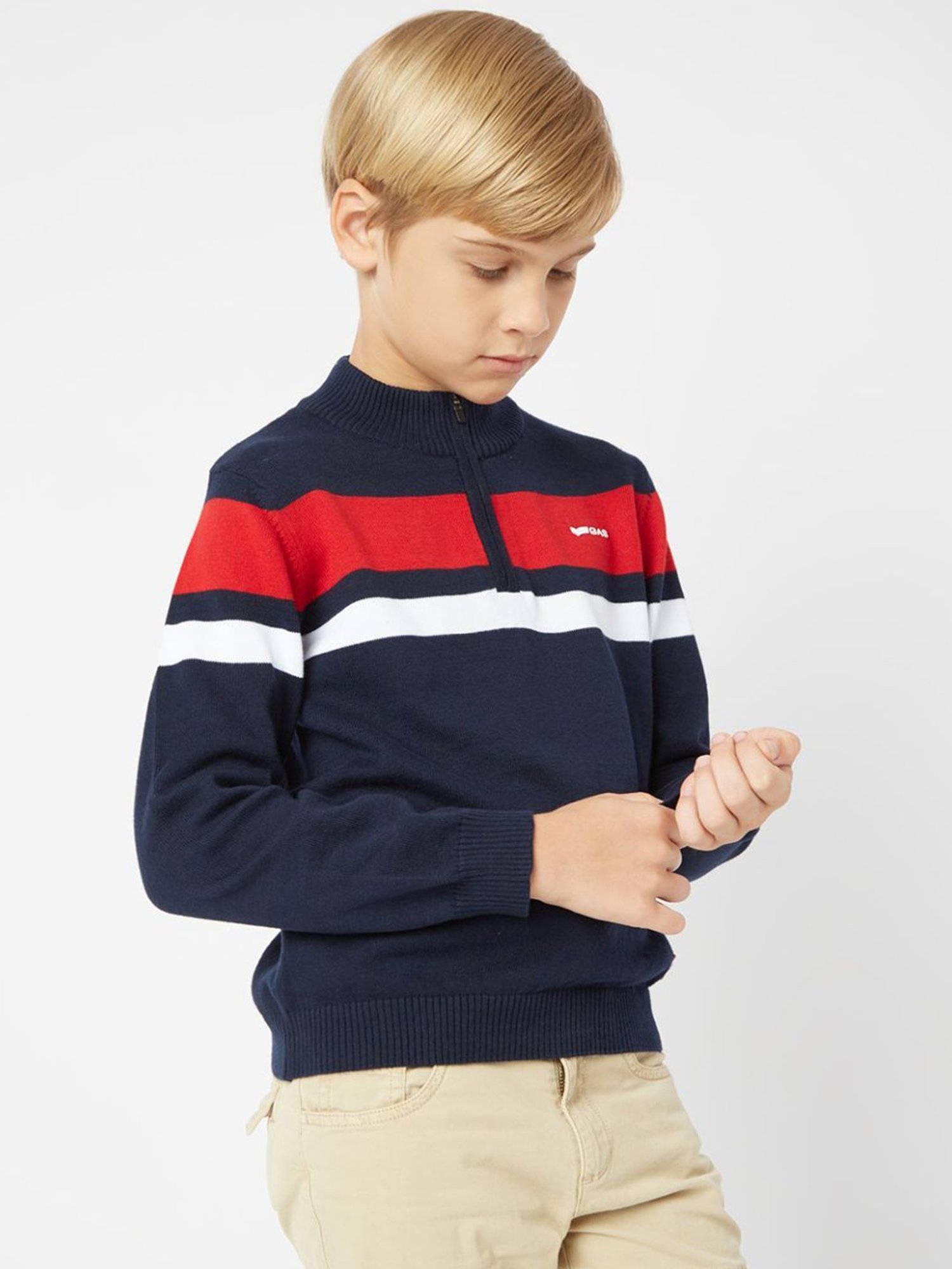 GAS Kids Navy & Red Cotton Striped Full Sleeves Sweater